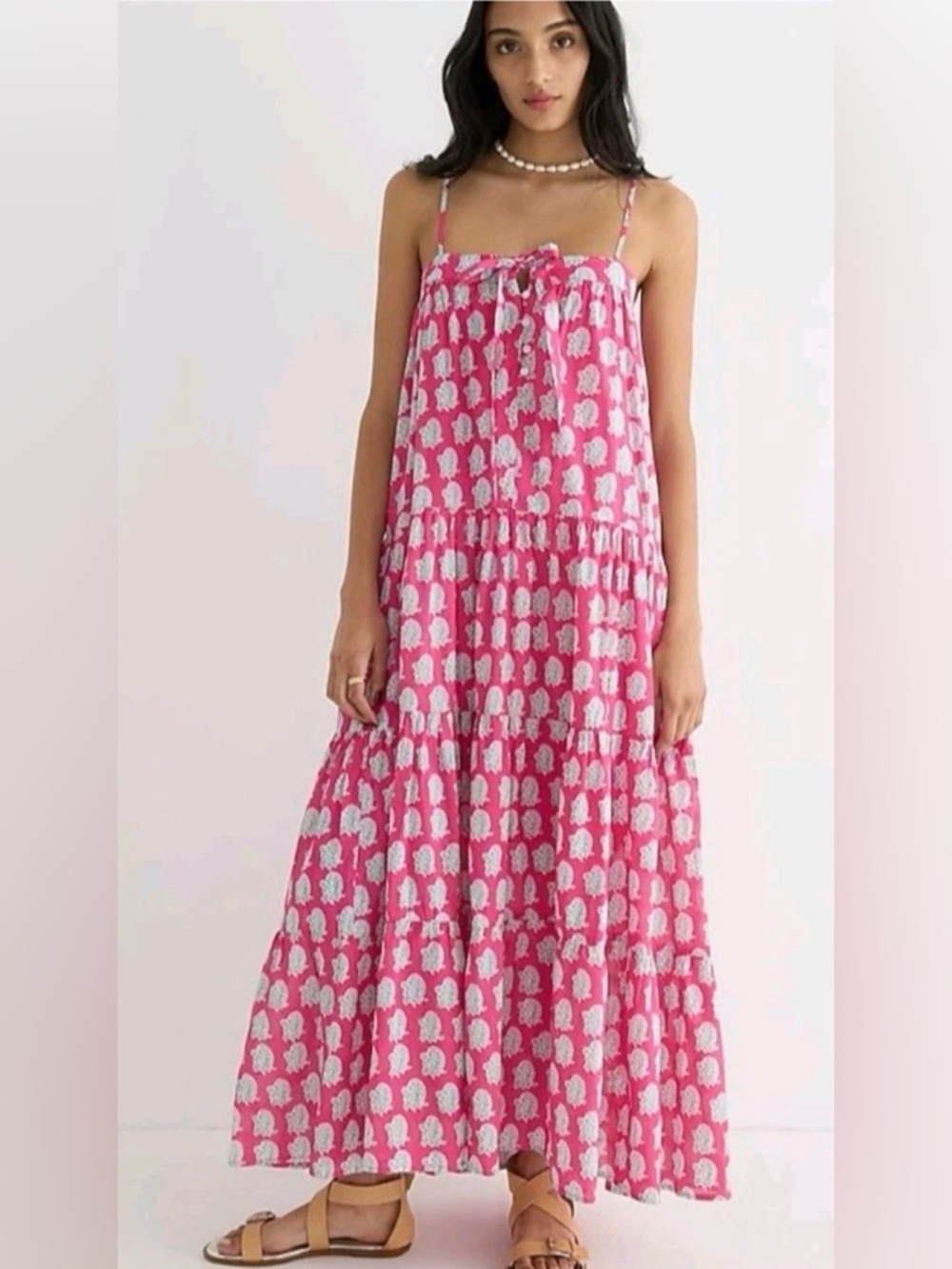 SZ Blockprint x J Crew Tiered Maxi Dress Cover Up Pink Sz Medium